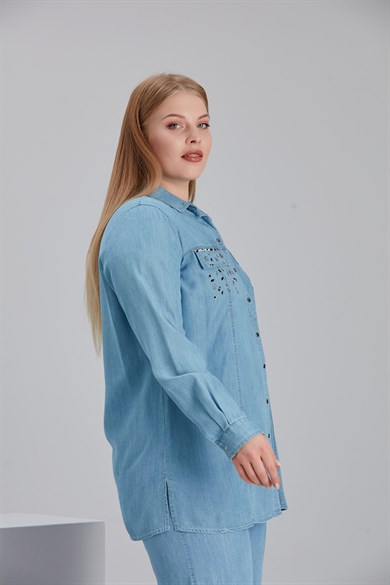 Büyük Beden Tencel Cep İşleme Bluz Gömlek - Mavi