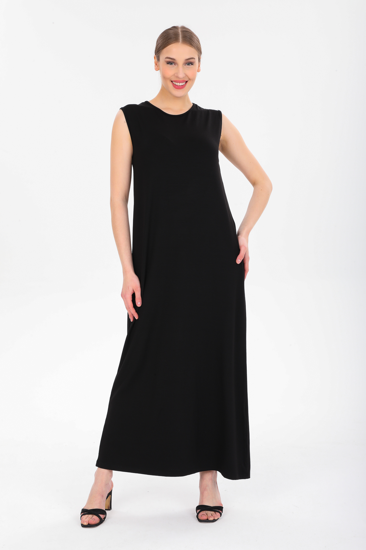 Kolsuz Uzun İpek Pamuklu Elbise - Siyah