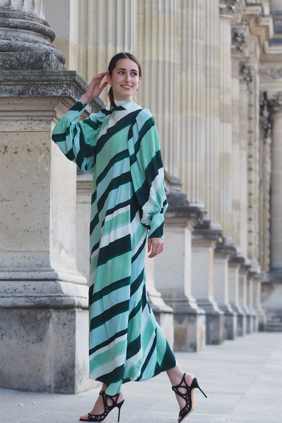Çizgili Maroken Fularli Elbise - Yeşil