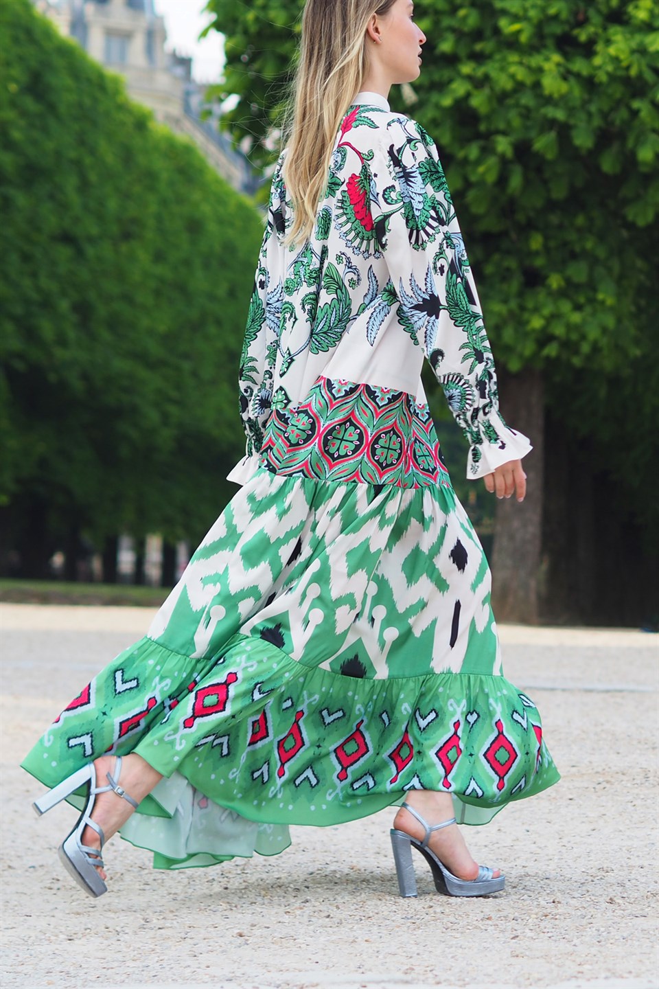 Poplin Lizbon Çini Desen Önü Patlı Elbise - Yeşil