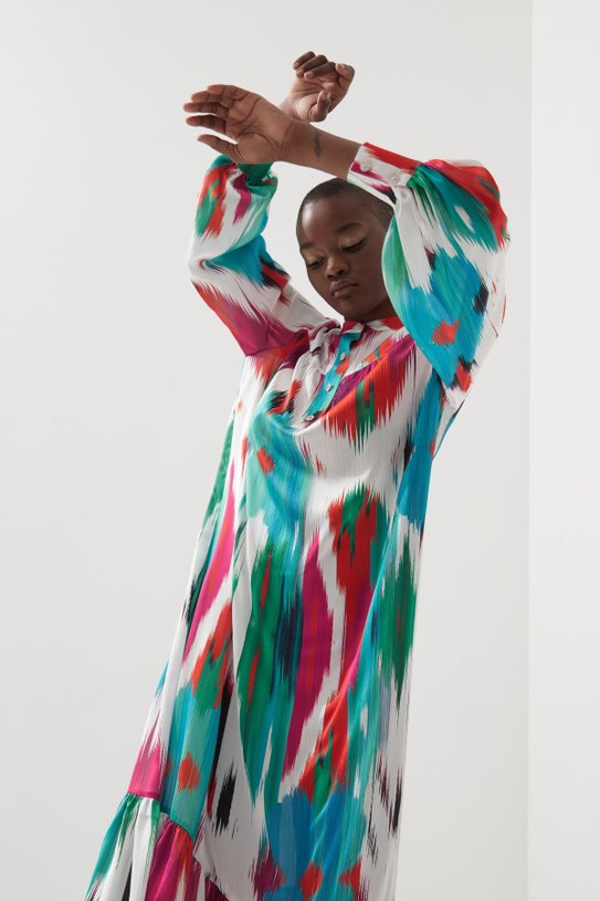 Taş Düğmeli Desenli Elbise - Renkli